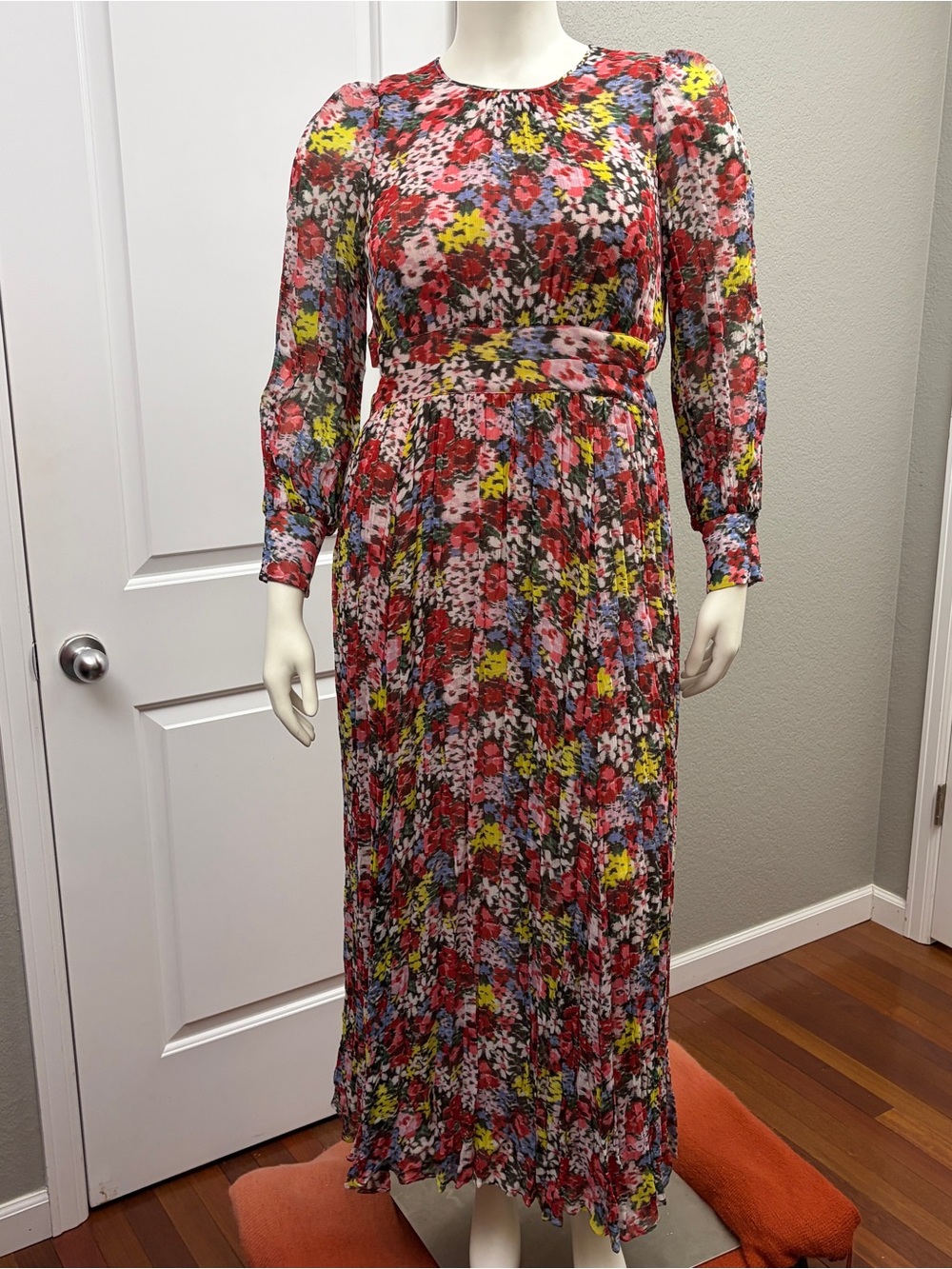 Boden Red Floral Pleated Maxi Dress with Yellow & Blue Accents 16/18